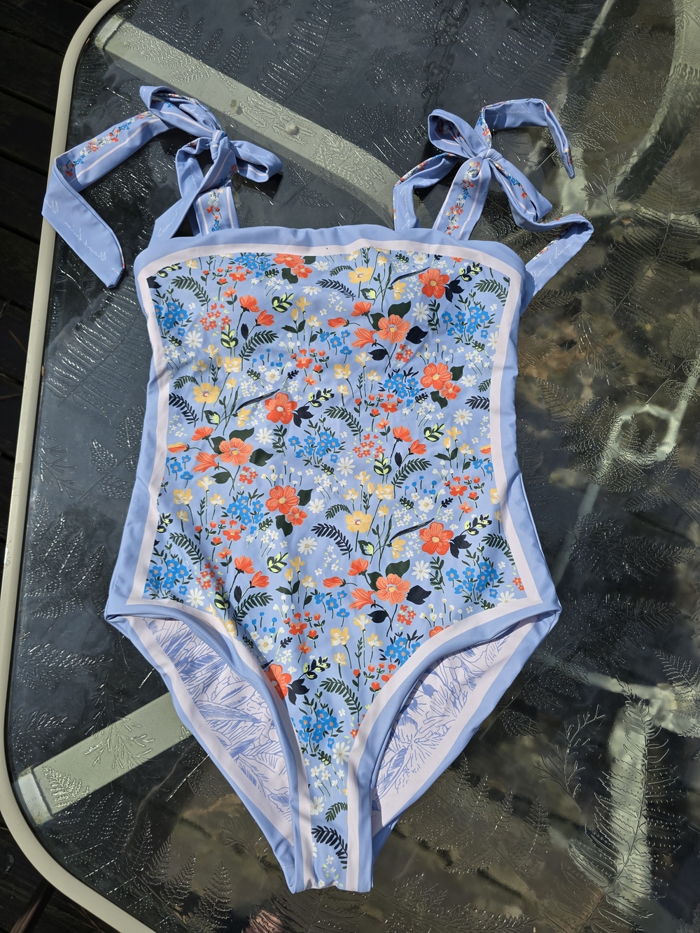 Light Blue Floral One-Piece Swimsuit with Tie Straps
